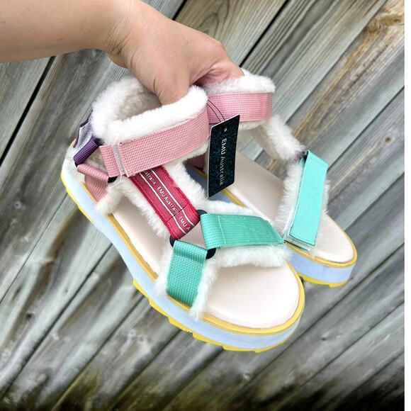 Emu Australia Raven Platform Furry Sandals Women's 6 Pink Teal Purple - Picture 1 of 8